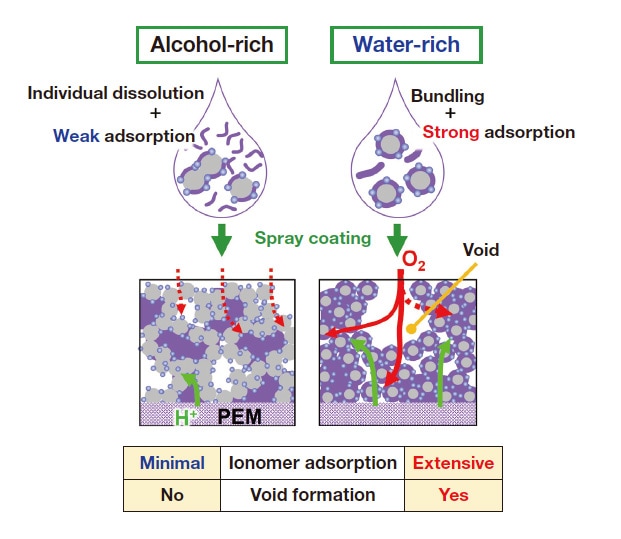 Fig. 7 Conceptual diagram illustrating formation of catalyst layers for alcohol-rich (left) and water-rich (right) solvents.