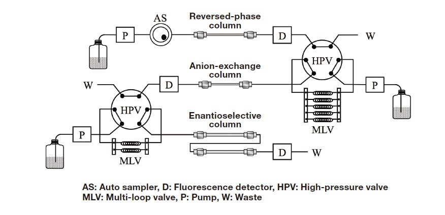 Fig. 2 Flow diagram of the three-dimensional HPLC system.